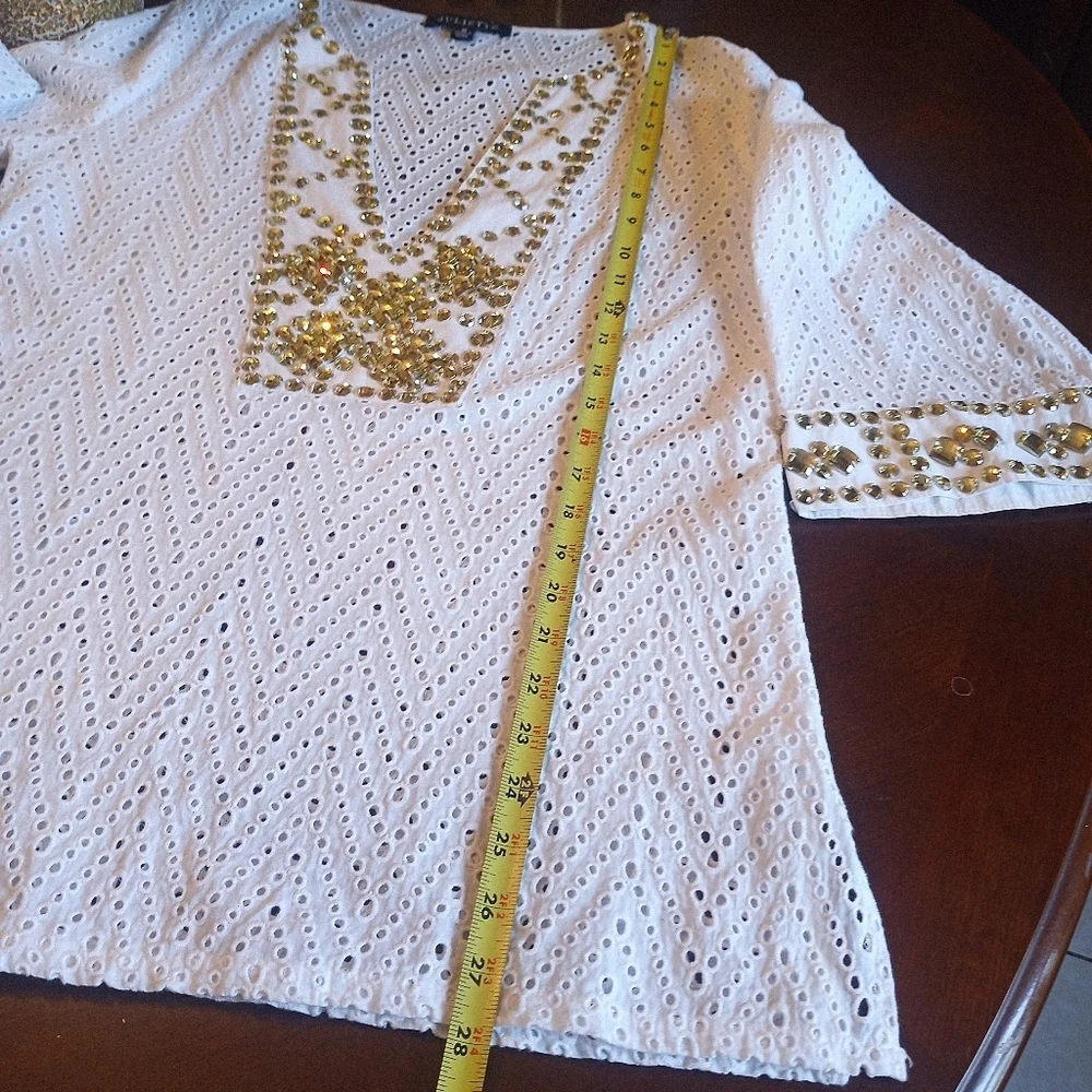 Juliette Eyelet Bejeweled Rhinestone Tunic Top Swim Coverup Women Size Medium